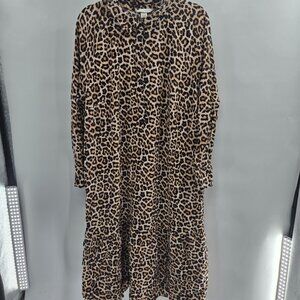H&M Animal Print Brown Black Cream Long Sleeved Buttoned Shirt Dress XXL